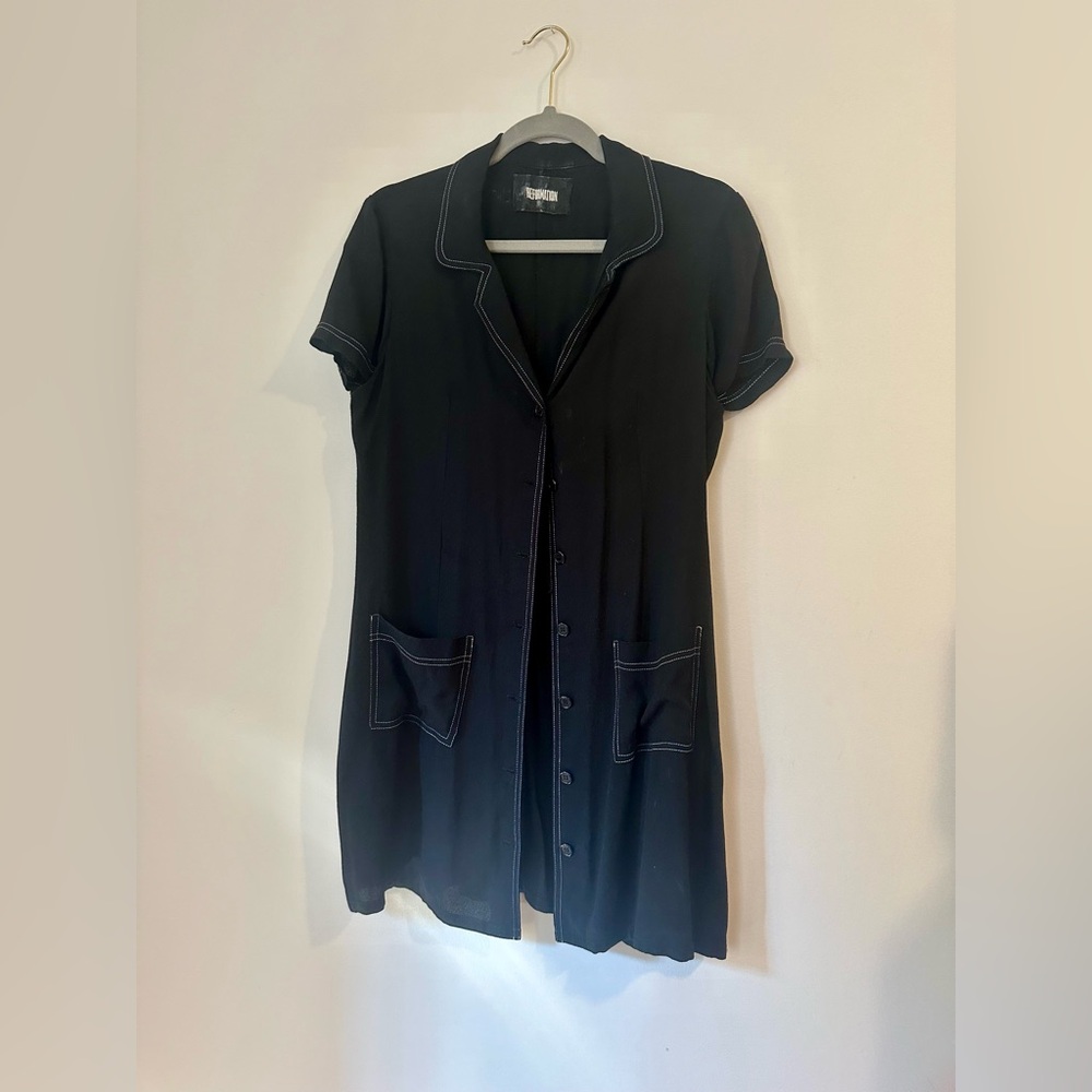 REFORMATION Black Short-Sleeve V-Neck Button Down Shirt Dress